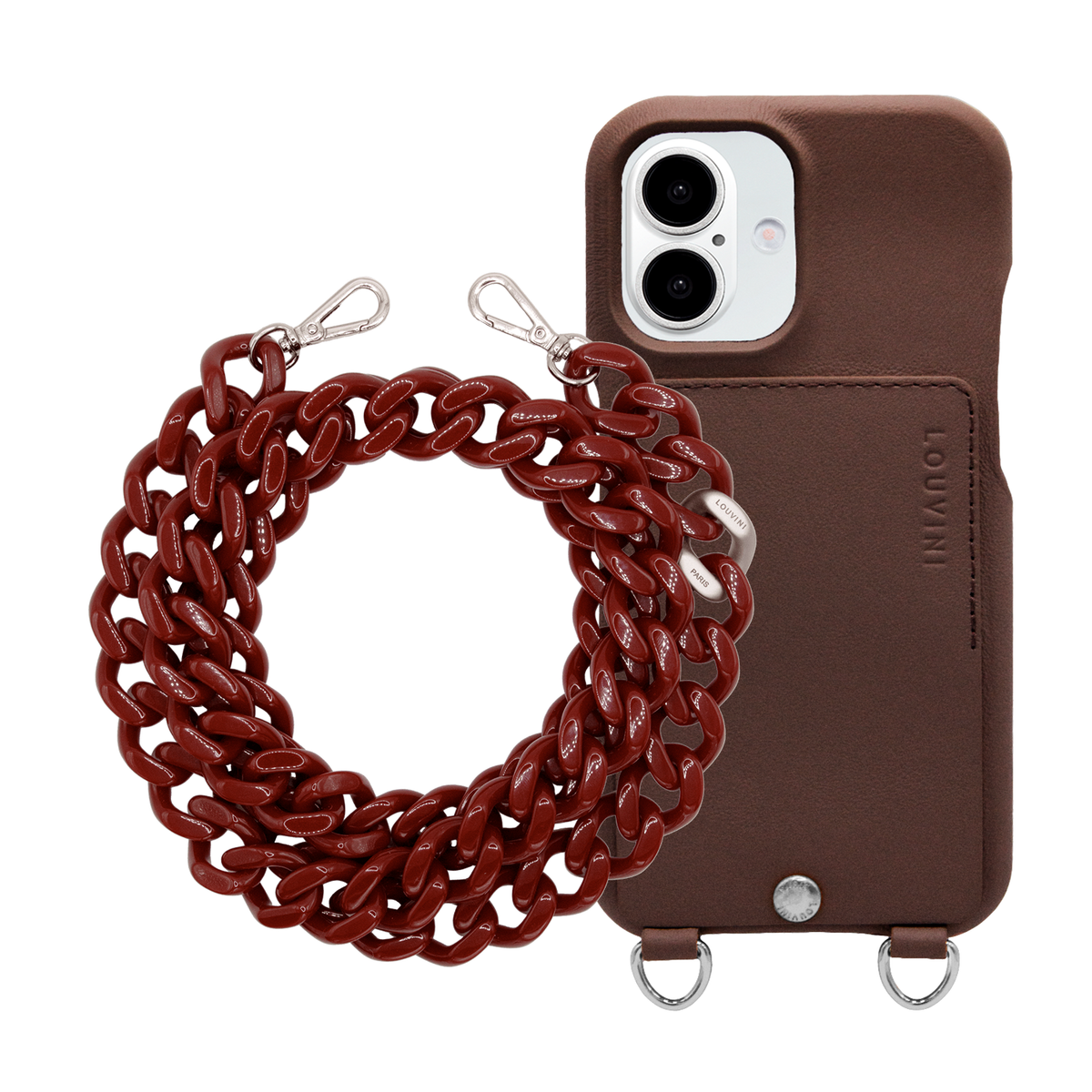 Coque iPhone OSCAR Argenté Marron & Chaîne ZOE Argenté Bordeaux