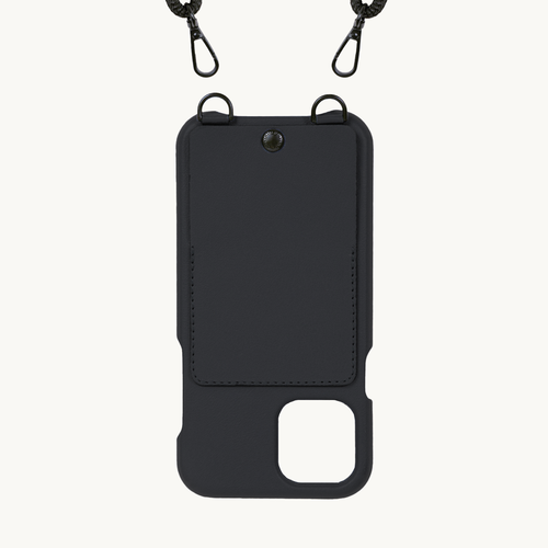 COQUE IPHONE CUIR PORTE CARTE AVEC ANNEAUX NOIR ET BANDOULIÈRE