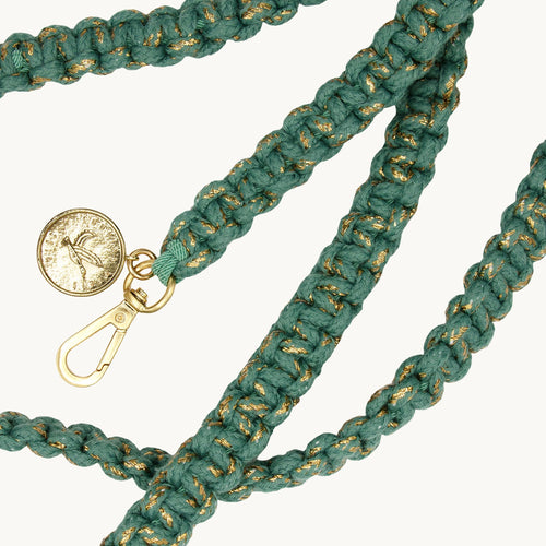 bandouliere telephone macrame coton turquoise doré mousqueton médaille