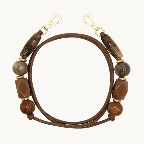 Cordon de telephone en cuir avec perles marron