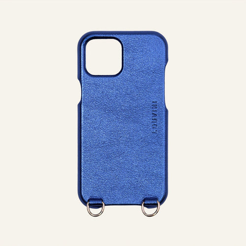 coque en cuir iphone 13 mini bleu métallisé avec anneaux