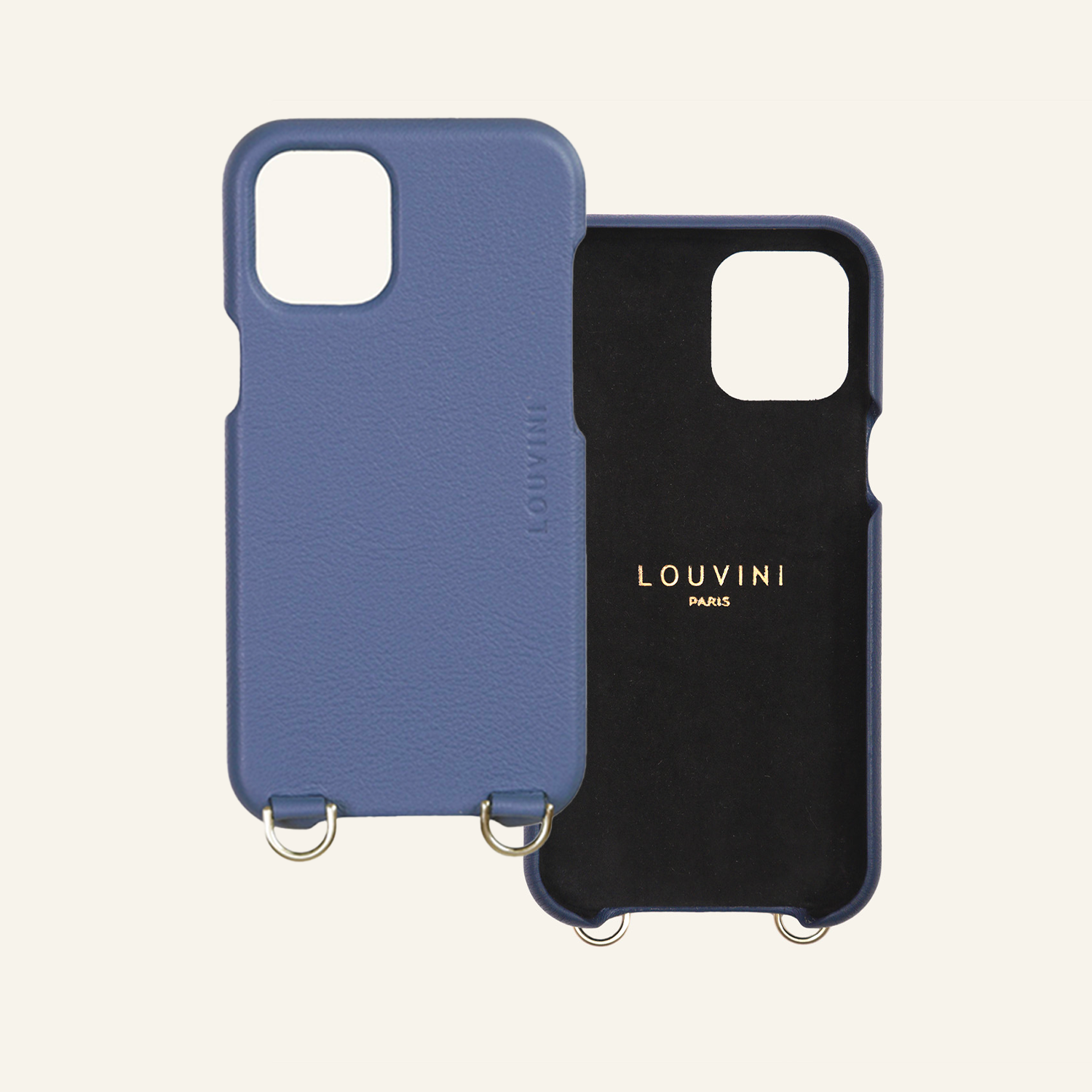 Coque pour iphone en cuir bleu avec anneaux