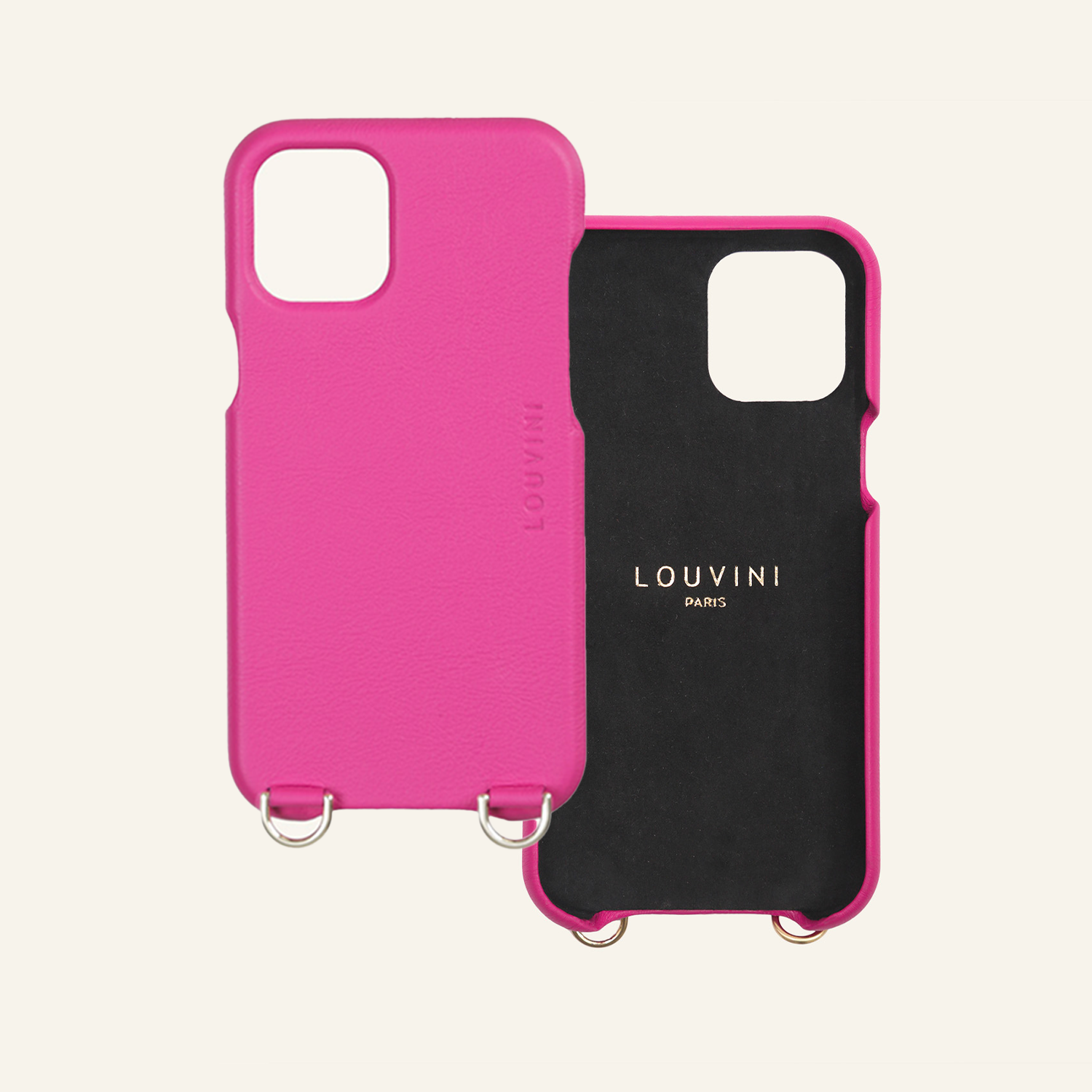 Coque pour iphone en cuir rose fuchsia avec anneaux