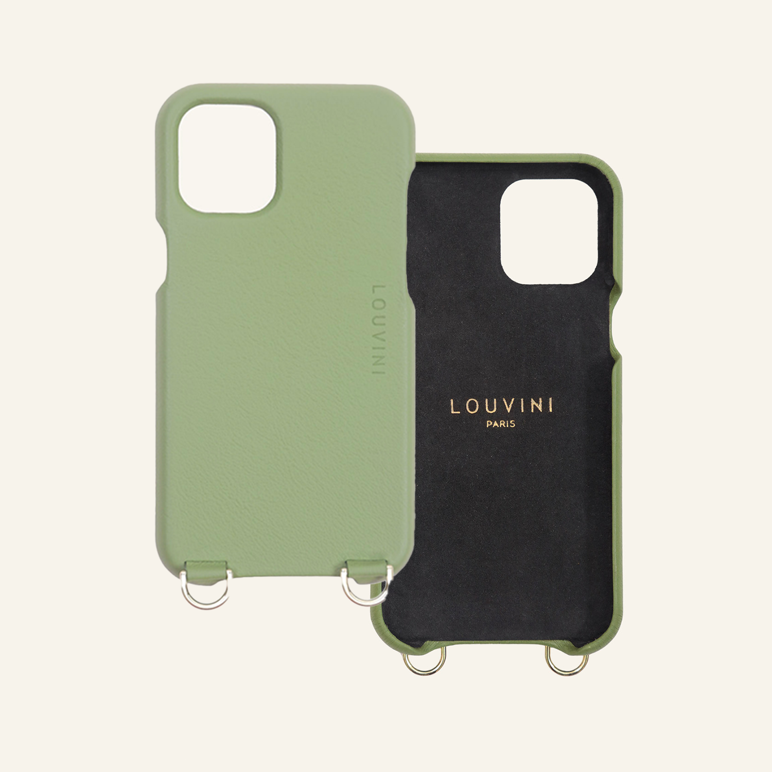 Coque pour iphone en cuir vert kaki avec anneaux