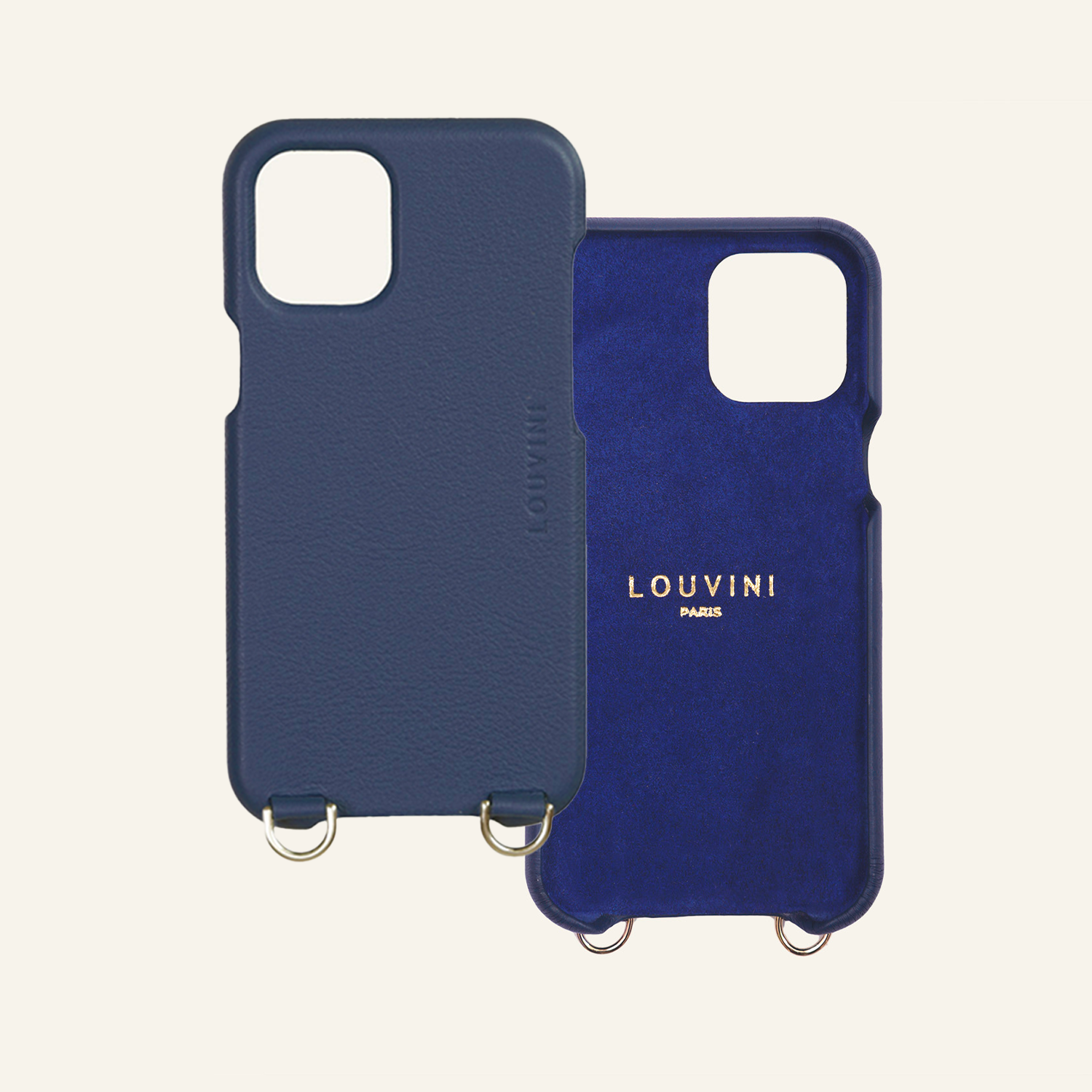 Coque pour iphone en cuir bleu marine avec anneaux