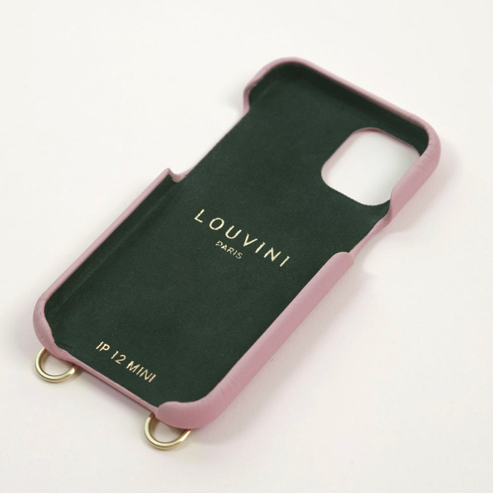 Coque pour iphone en cuir rose poudre avec anneaux