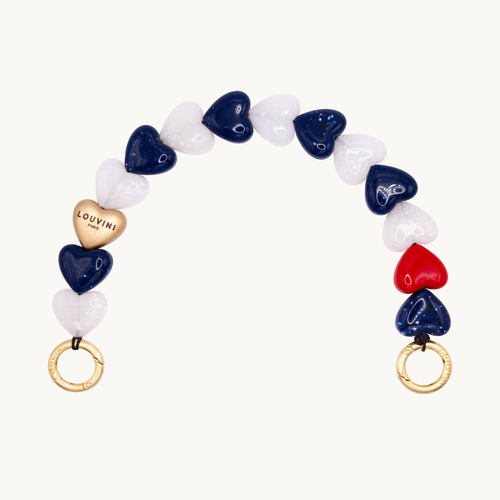 bracelet de telephone petits coeurs blanc bleu marine et rouge louvini avec mousquetons anneaux dorés