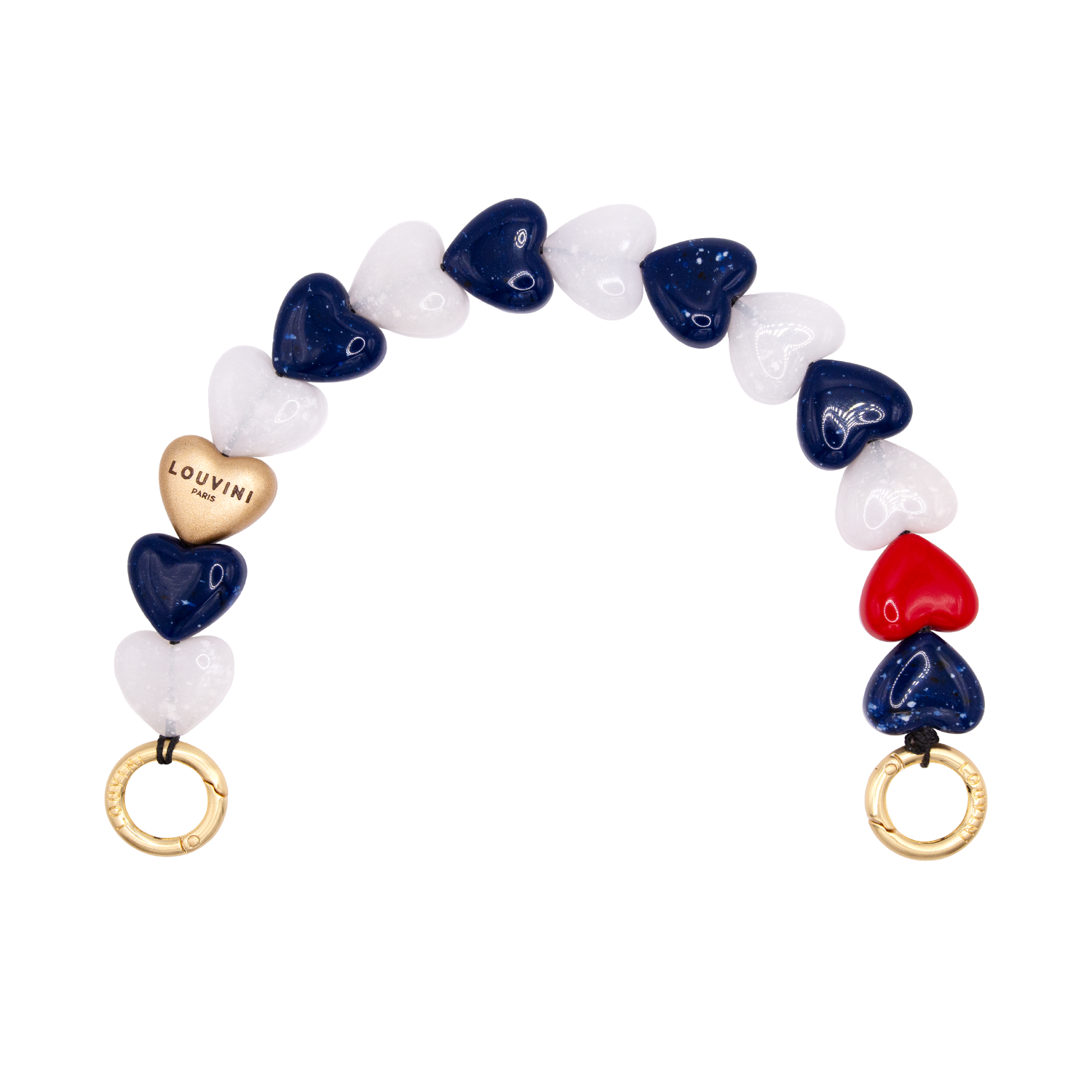 bracelet de telephone petits coeurs bleu blanc rouge louvini avec mousquetons anneaux dorés