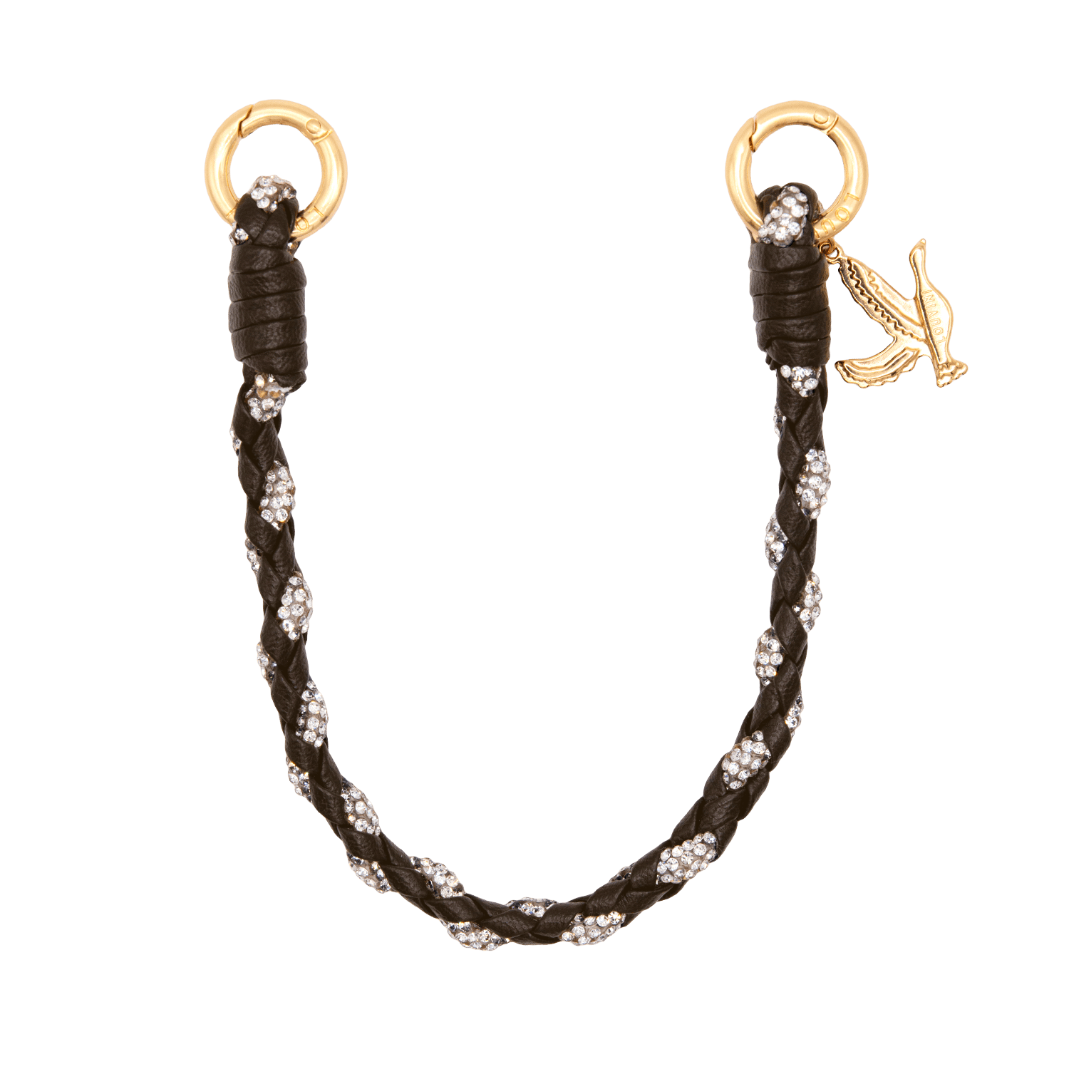 Bracelet de téléphone en cuir marron et strass tressés avec deux mousquetons dorés