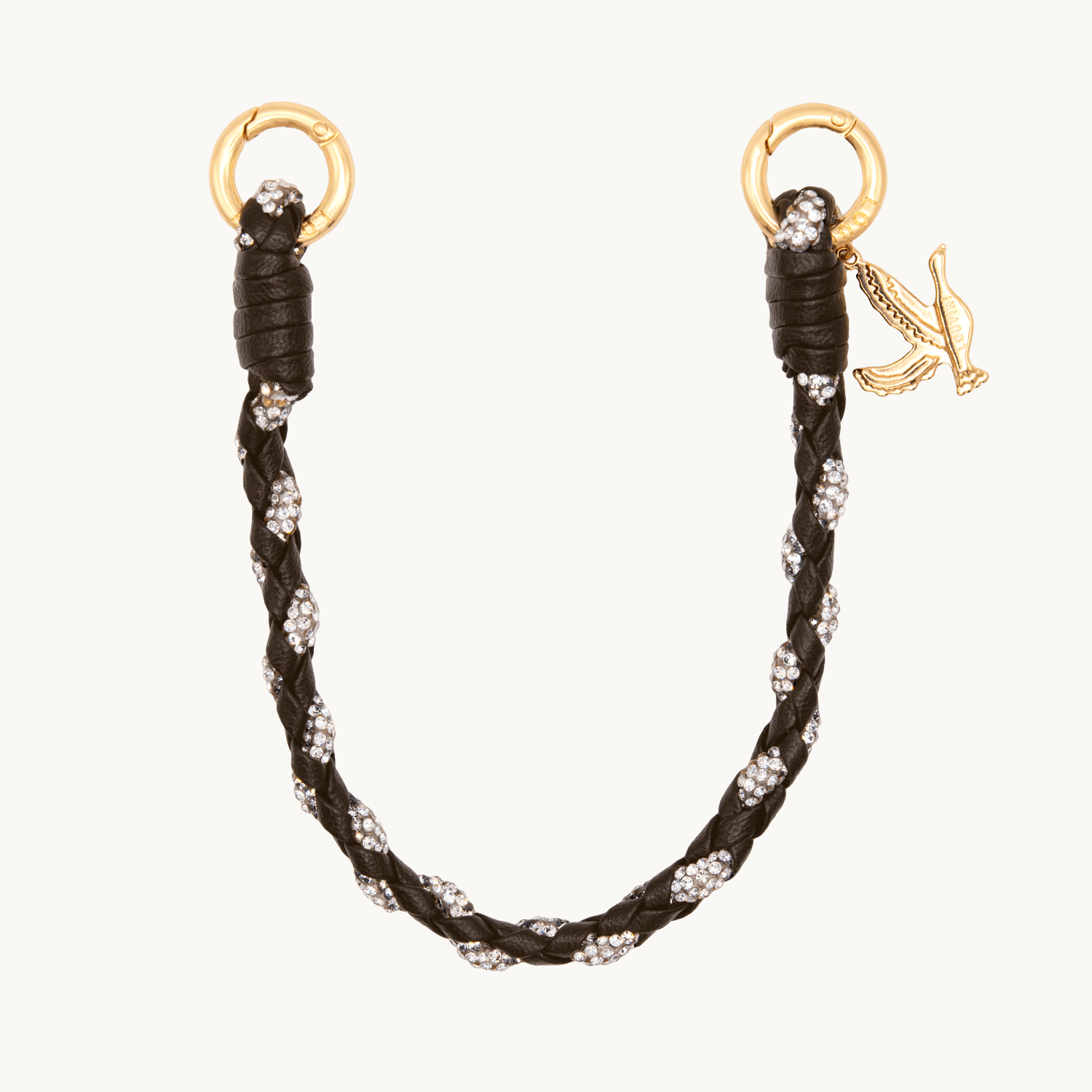Bracelet de téléphone en cuir marron et strass tressés avec deux mousquetons dorés