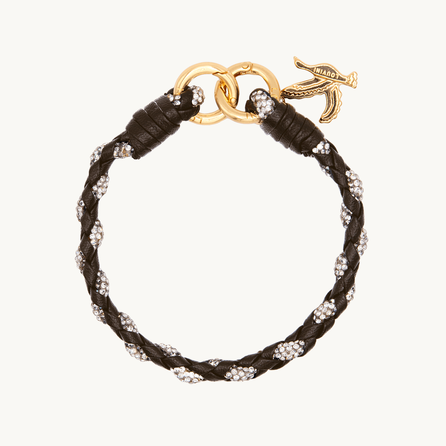 Bracelet de téléphone en cuir marron et strass tressés avec deux mousquetons dorés