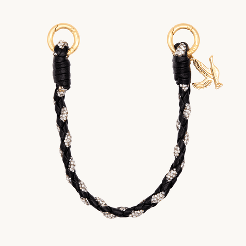 Bracelet de téléphone tressé en cuir noir à strass avec mousquetons dorés