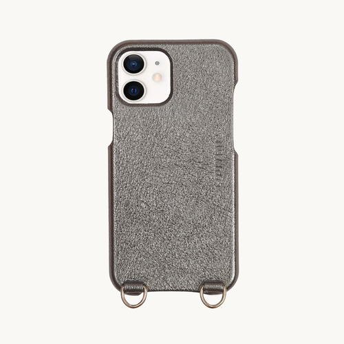 coque iPhone en cuir métallique anthracite anneaux dorés