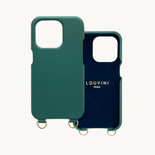 Coque pour iPhone en cuir vert émeraude avec anneaux dorés