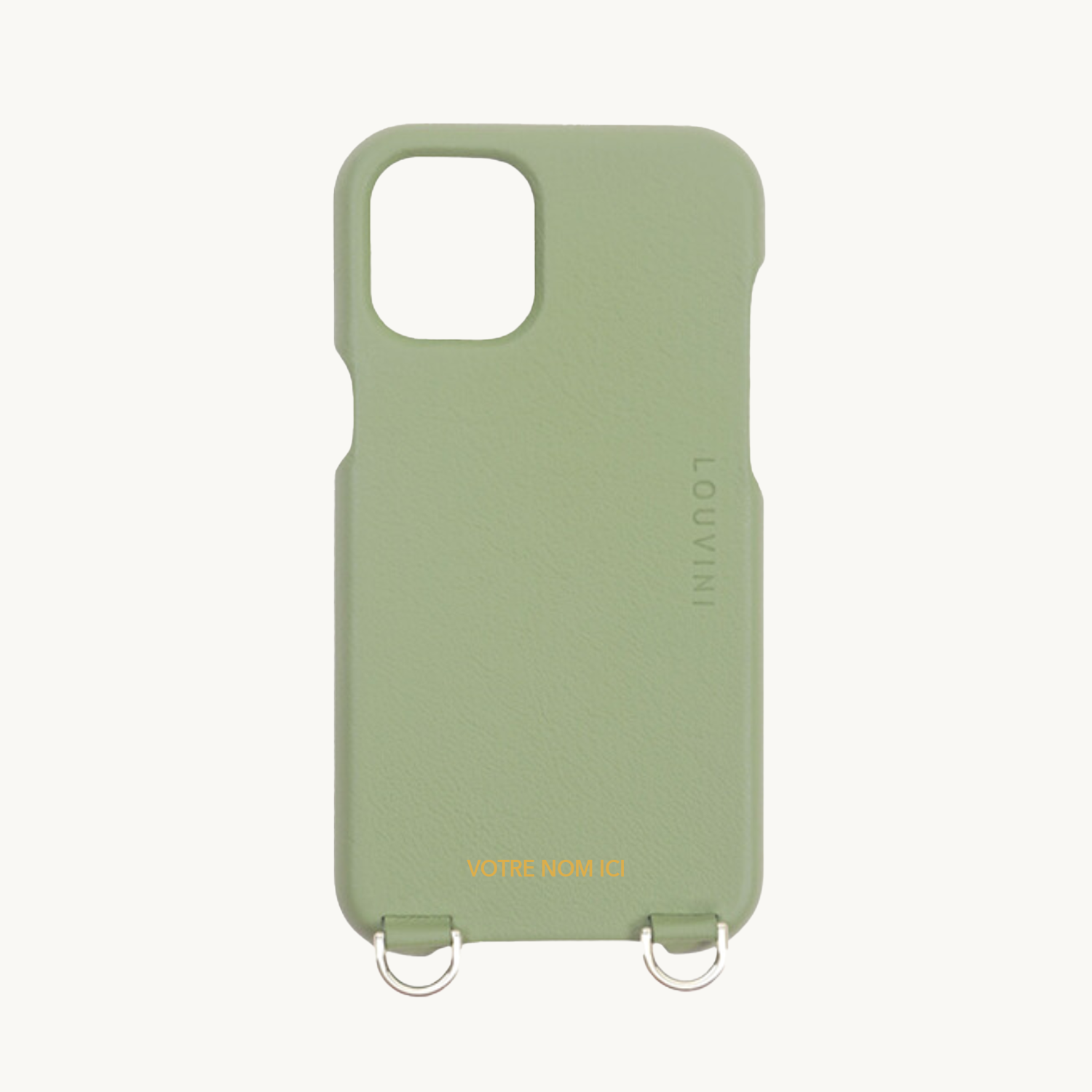 coque iphone en cuir vert kaki personnalisable avec anneaux