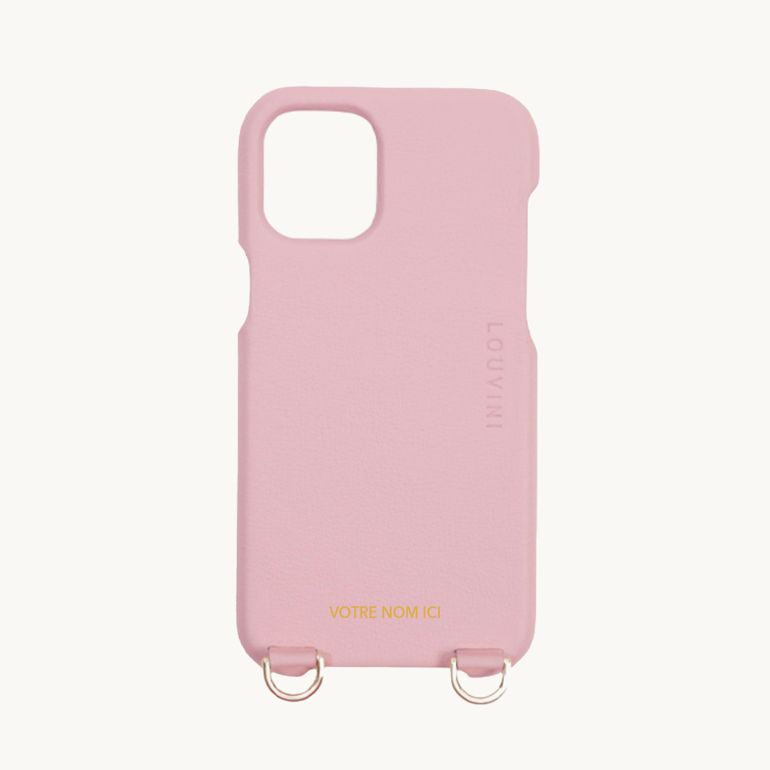 coque iphone en cuir rose poudre personnalisable avec anneaux