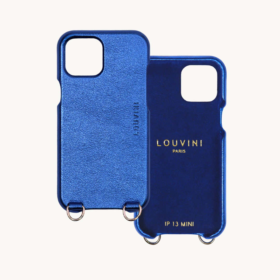 coque en cuir iphone 13 mini bleu métallisé avec anneaux