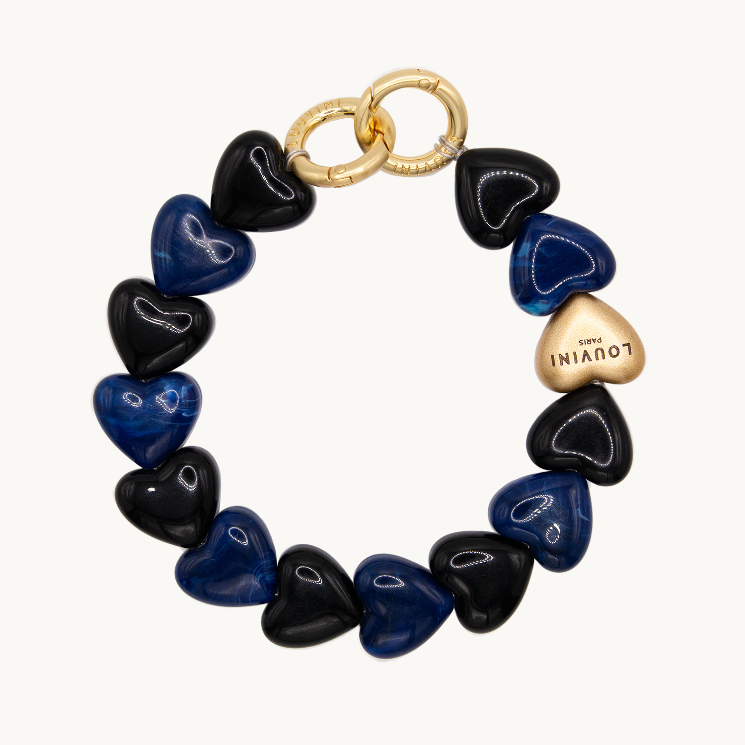 bracelet de telephone a coeurs en resine bleu marine et noir