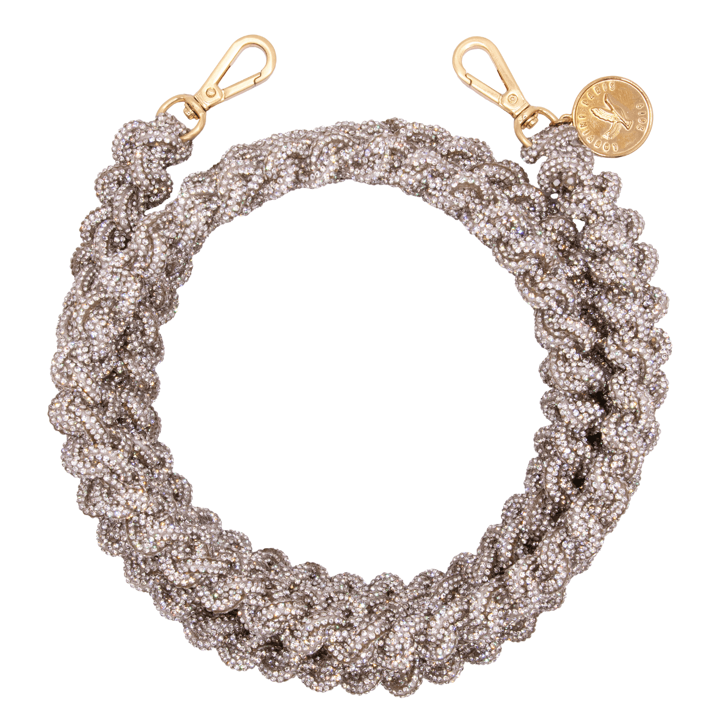 Cordon de telephone bandouliere tresse a strass argente