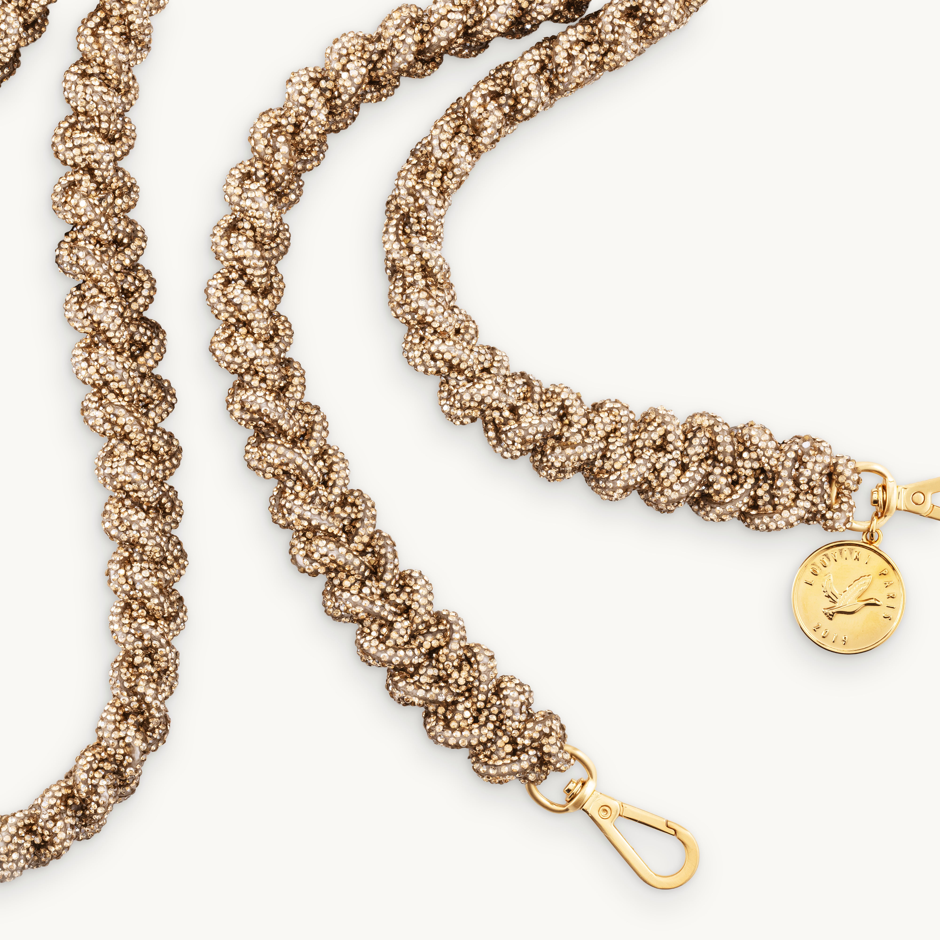 Cordon de telephone bandouliere tresse a strass dore