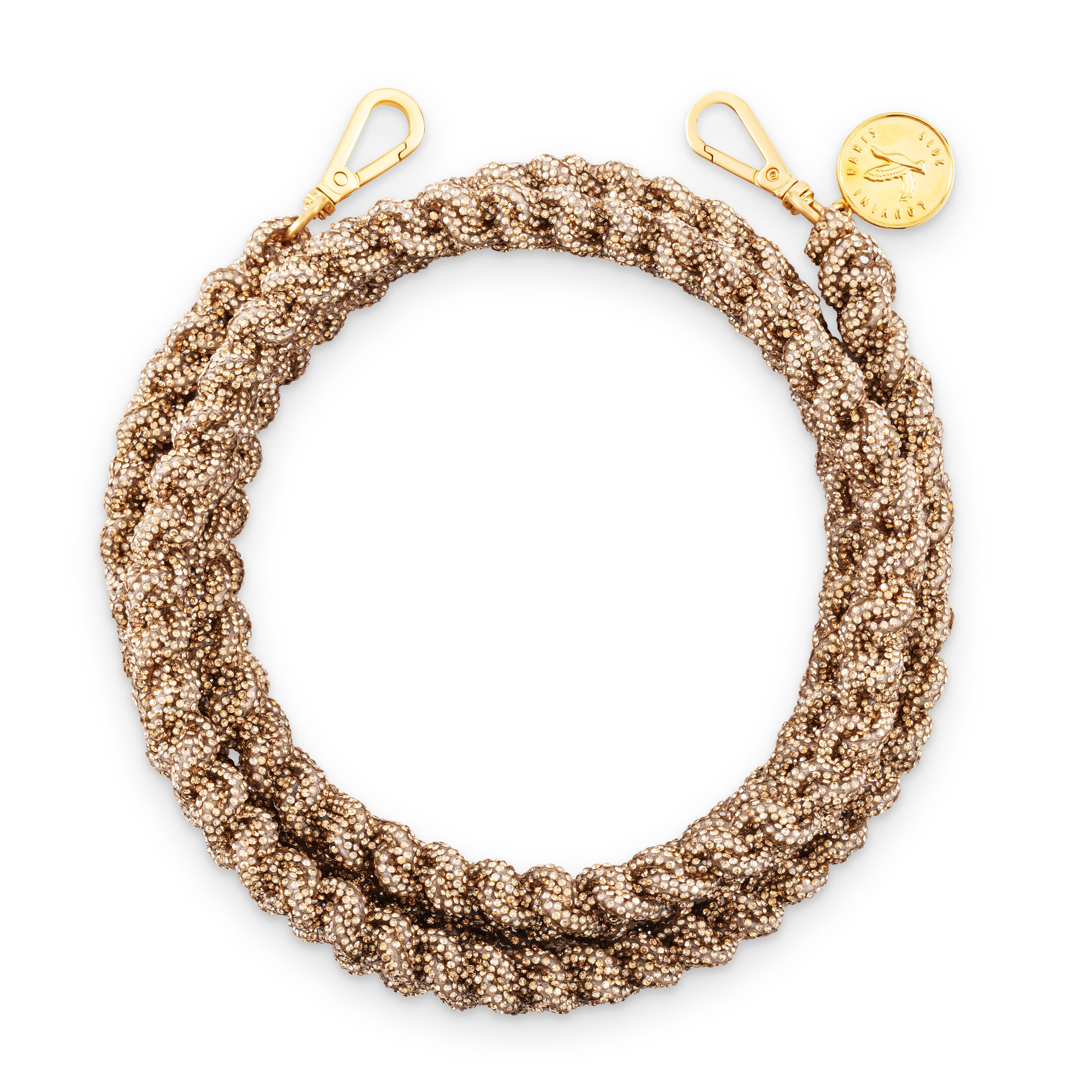 Cordon de telephone bandouliere tresse a strass dore