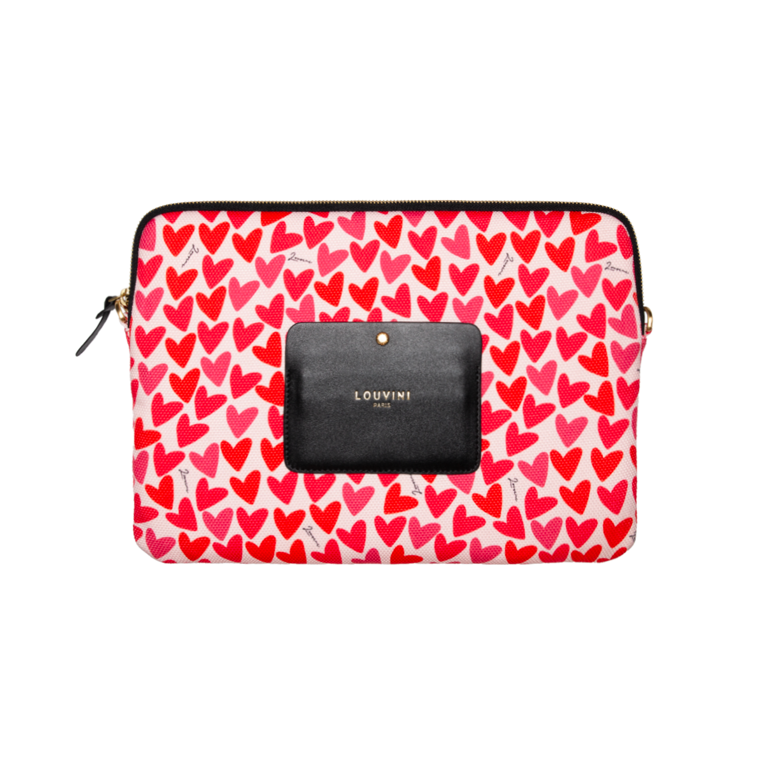 Pochette en tissu motif cœurs rouges avec détail en cuir noir, accessoire élégant et pratique