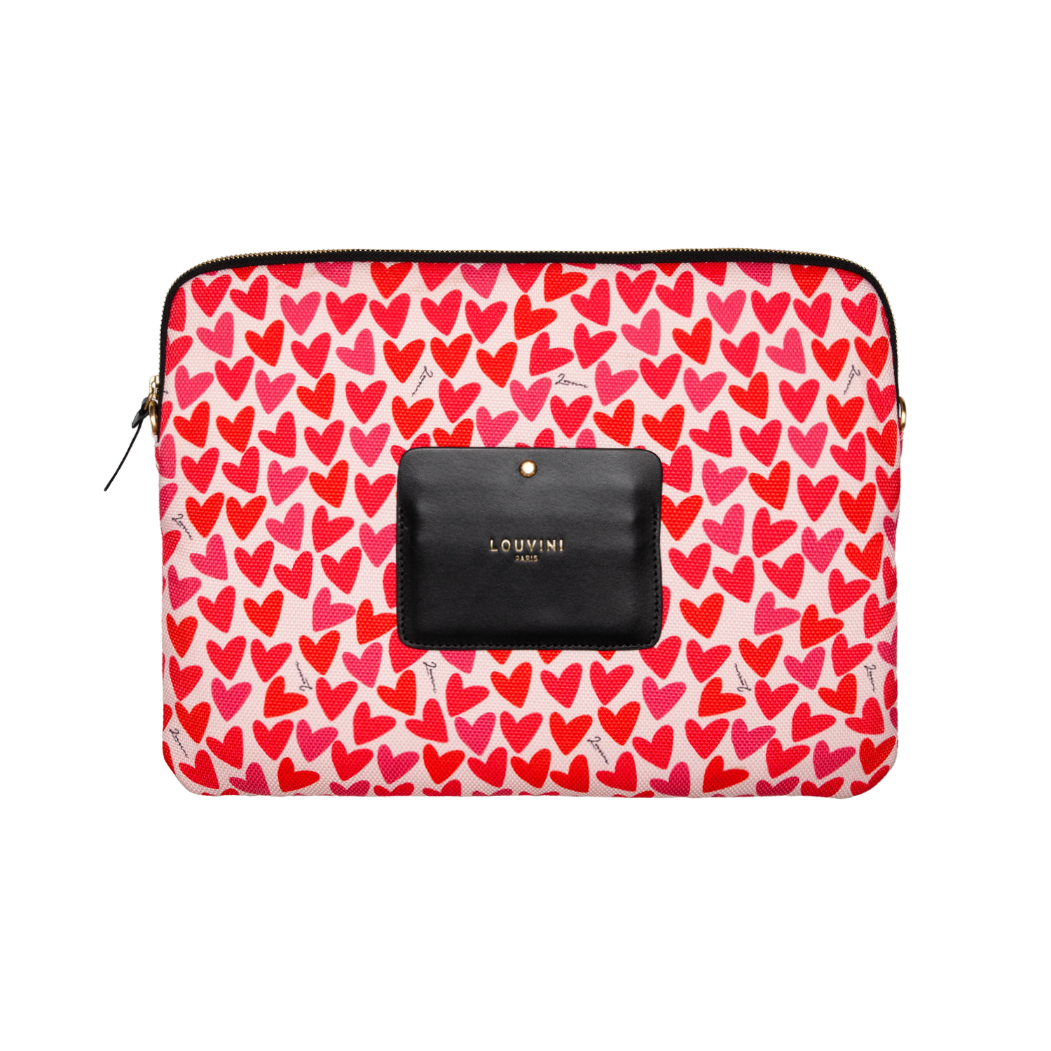 Pochette en tissu motif cœurs rouges avec détail en cuir noir, accessoire élégant et pratique