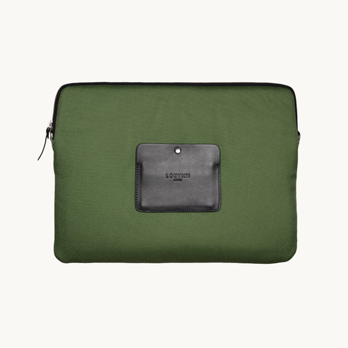 Pochette en tissu kaki avec détail en cuir noir, accessoire élégant et pratique