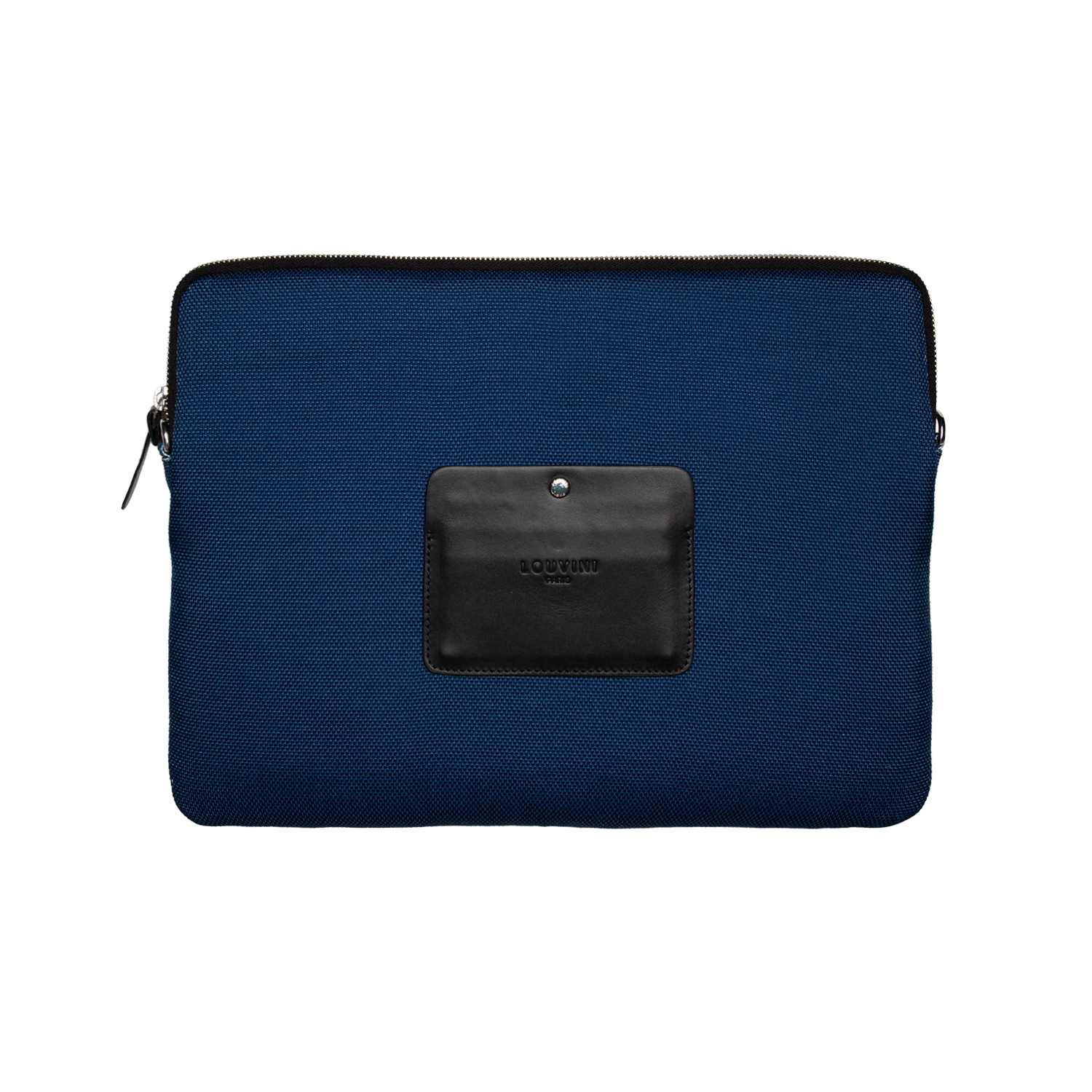 Pochette en tissu bleu marine avec détail en cuir noir, accessoire élégant et pratique