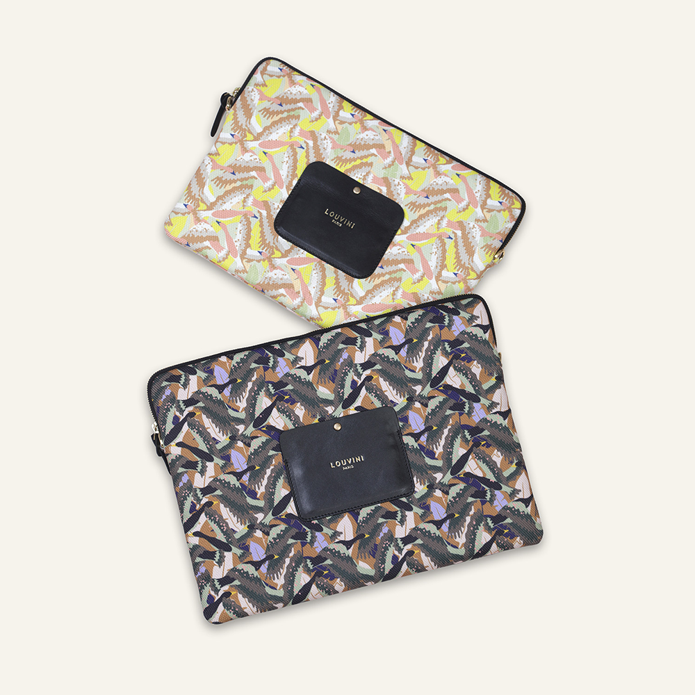 pochette ordinateur oiseaux jaune et kaki 