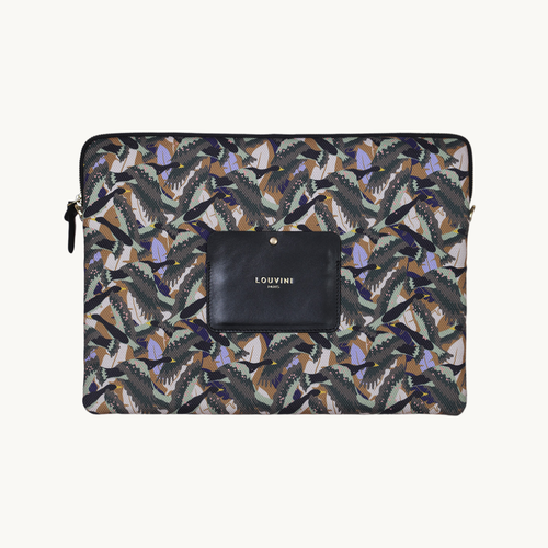 Pochette en tissu imprimé oiseaux kaki avec détail en cuir noir, accessoire élégant et pratique