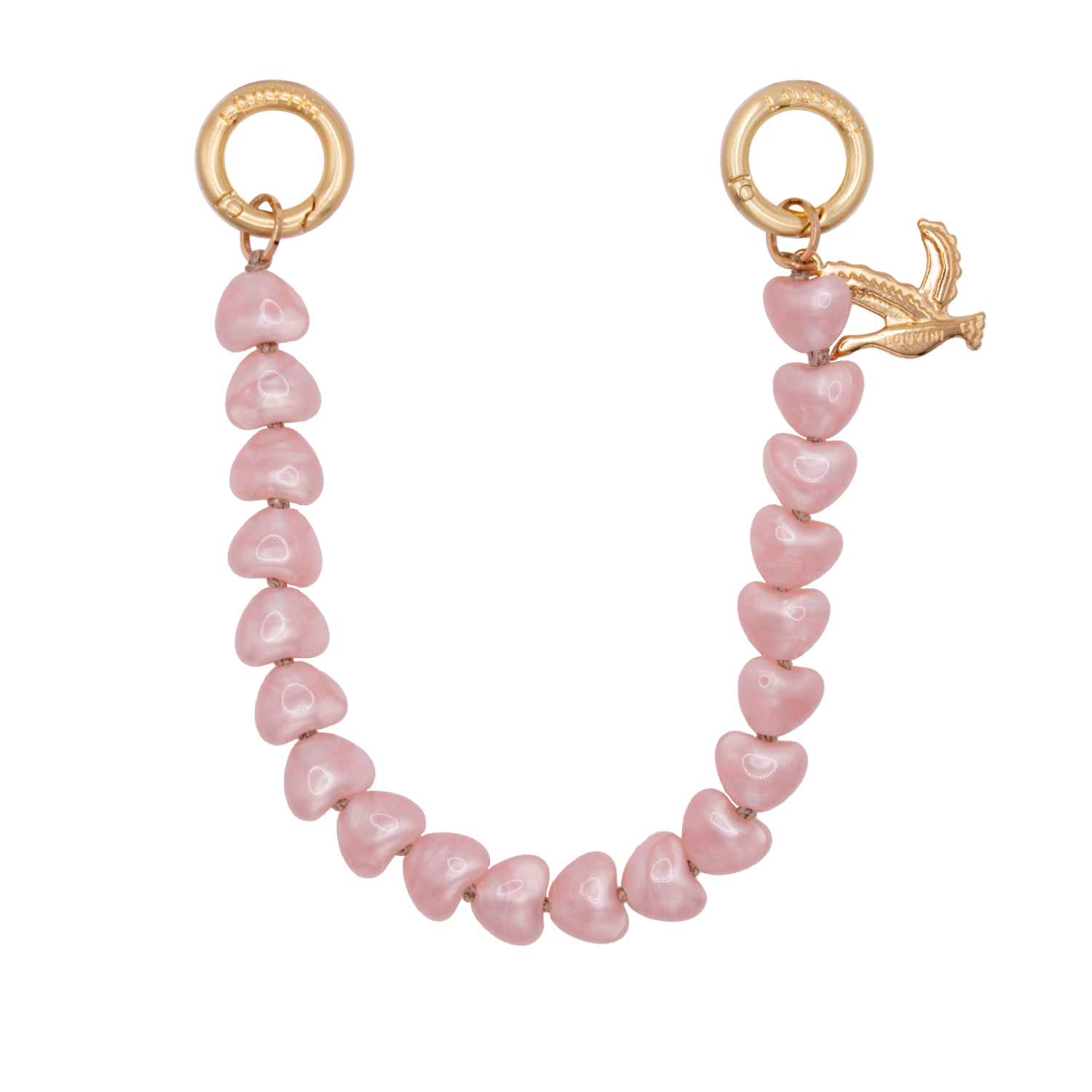 bracelet de téléphone à perles petits coeurs roses et anneaux dorés