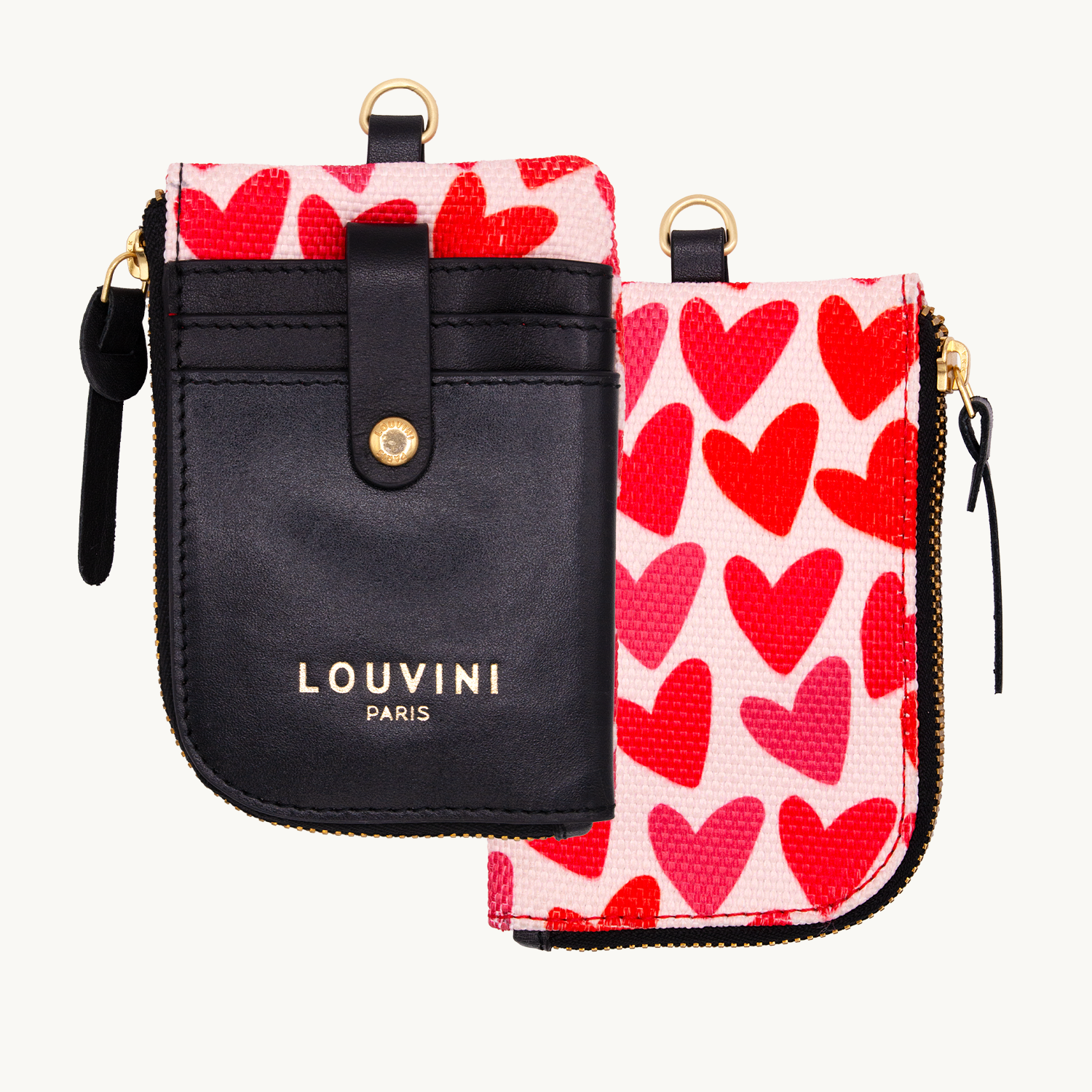 Porte-cartes en tissu et cuir avec cœurs roses, porte-monnaie à accrocher au sac, accessoire pratique et tendance