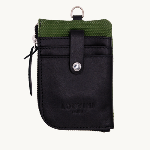 Porte-carte en tissu et cuir avec porte-clé intégré