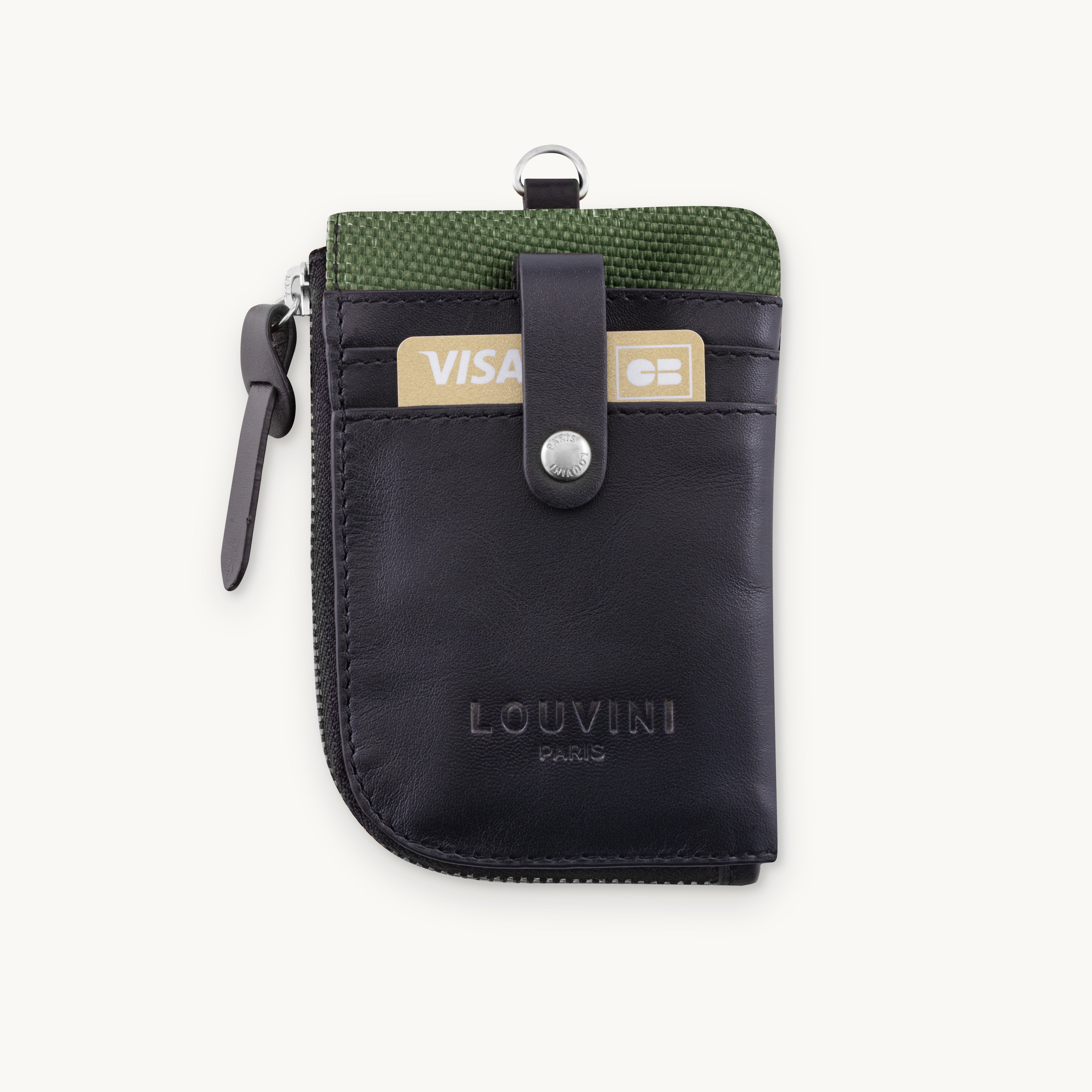Porte-cartes en tissu et cuir kaki, porte-monnaie à accrocher au sac, accessoire pratique et tendance