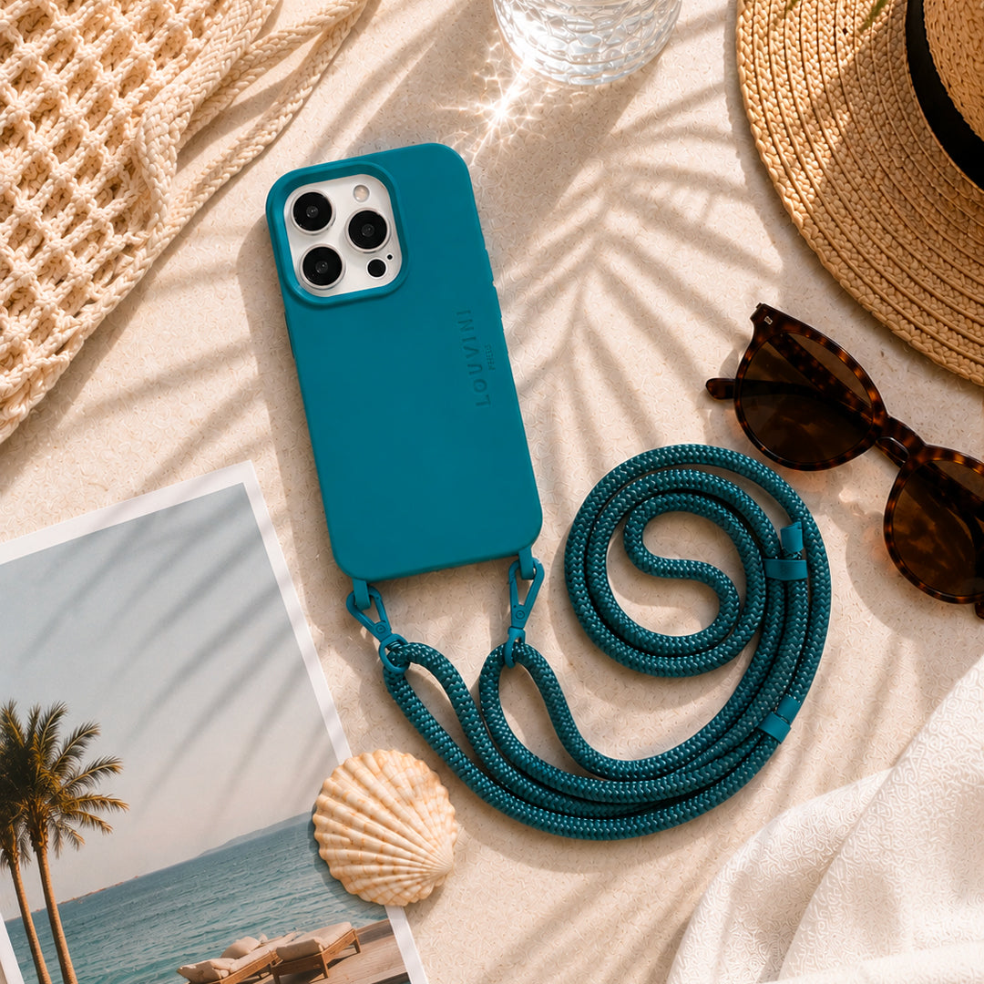 coque iphone bleu avec anneaux et cordon de téléphone bandoulière ajustable bleu