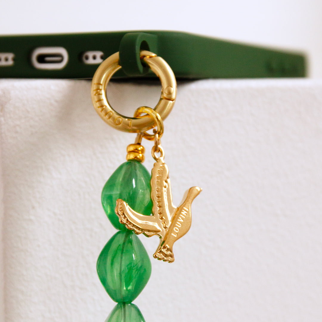bracelet de téléphone à perles vertes transparentes louvini logo oiseau