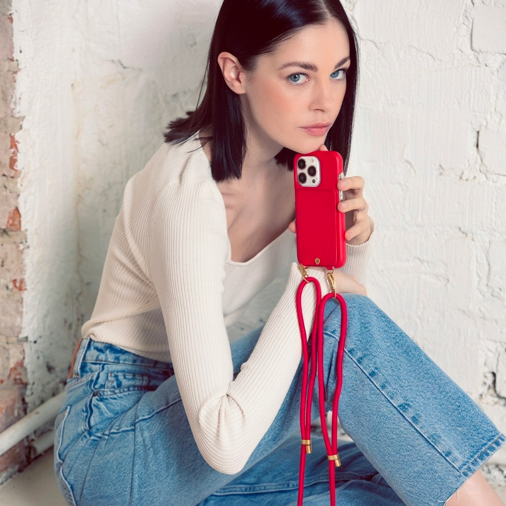 coque iphone en cuir rouge et cordon de téléphone réglable bandoulière