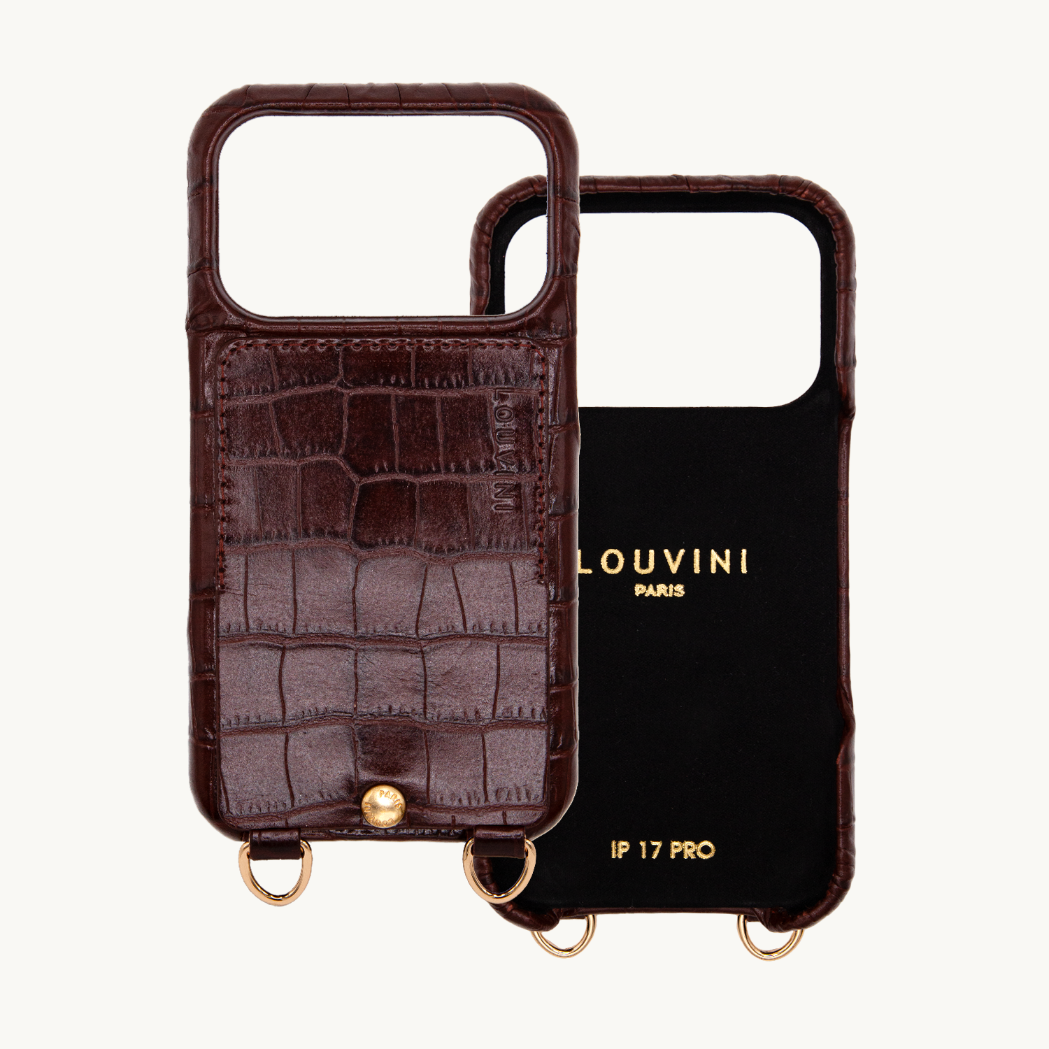 Coque iPhone cuir porte carte avec anneaux LOU - Crocodile Marron
