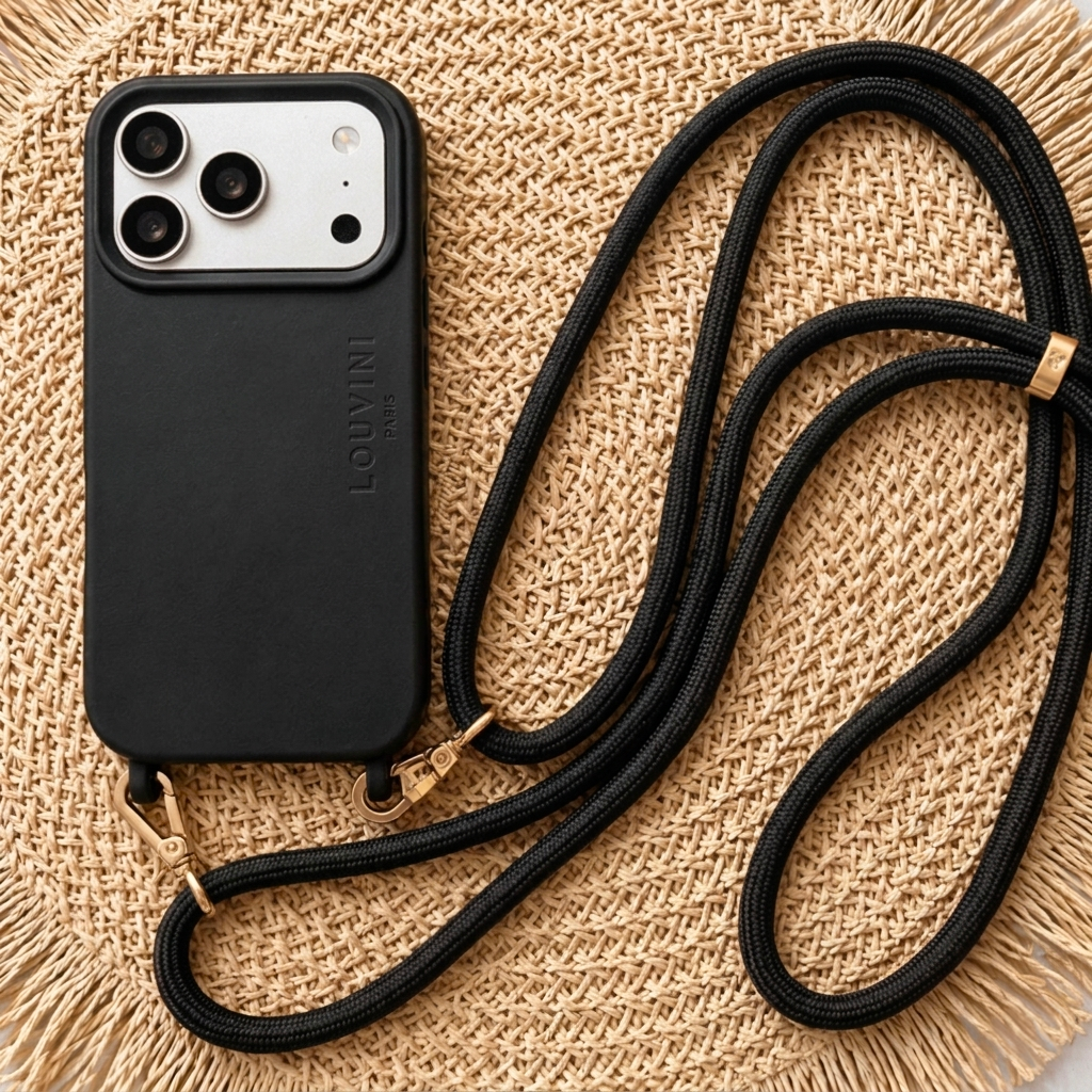 coque iphone noir magsafe avec anneaux et cordon ajustable