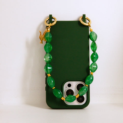 coque iphone vert olive et bracelet de téléphone à perles vertes transparentes louvini