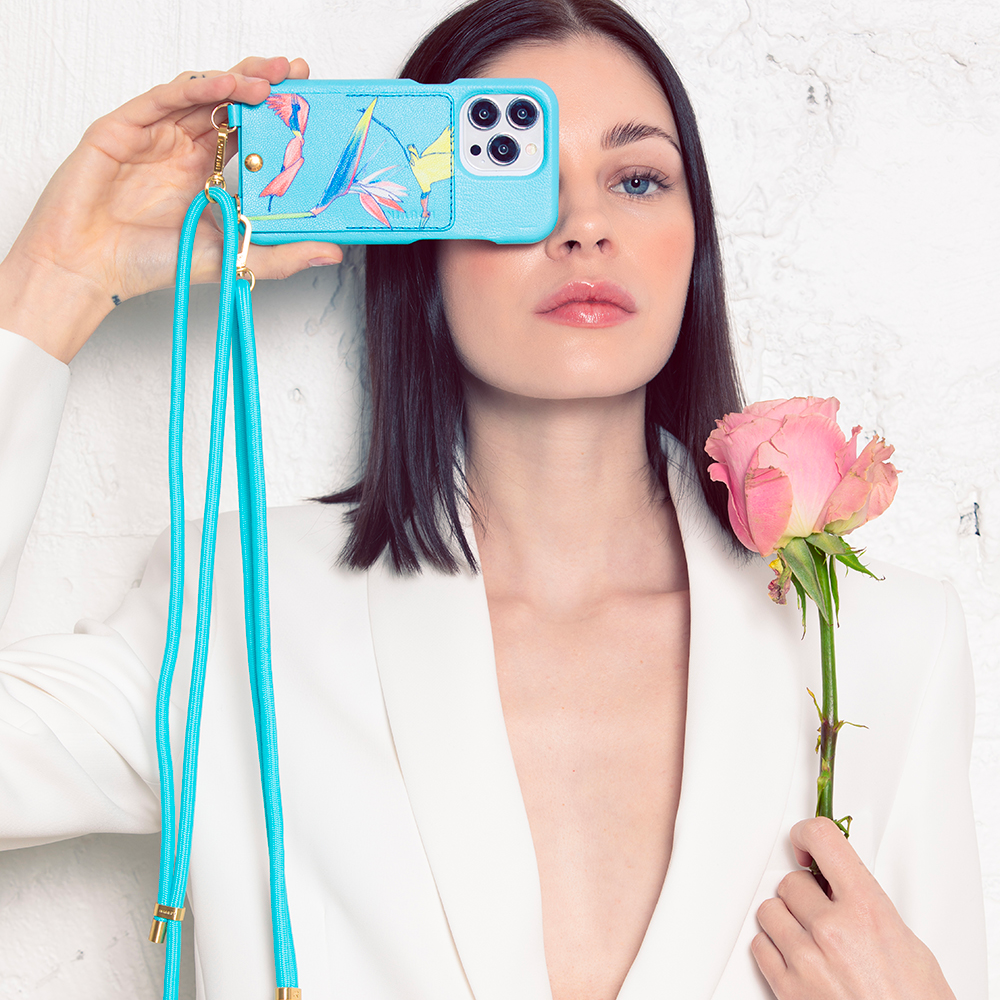 coque en cuir bleu turquoise filipe jardim et cordon de téléphone ajustable