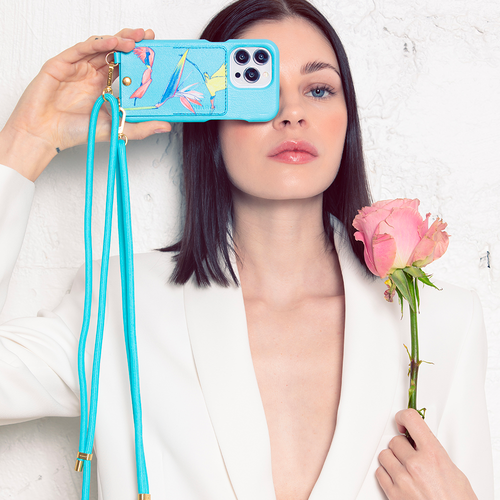 coque en cuir bleu turquoise filipe jardim et cordon de téléphone ajustable